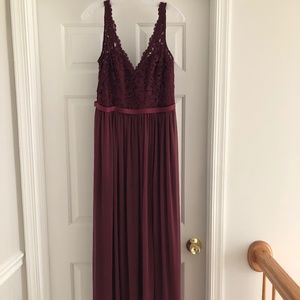 David’s Bridal lace and mesh v neck bridesmaid dress in “wine”